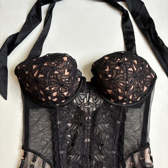 Victora's Secret Corset Top Black Lace Sheer Sequin Halter Ribbon Going Out 36D - Picture 4 of 8
